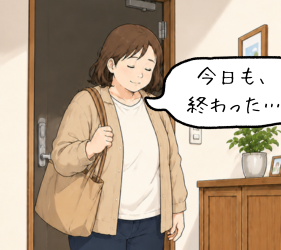 19時前、玄関。荷物を持ったまま立ち尽くす