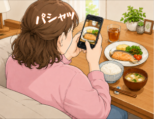 夕食（コンビニのごはんでOK）をパシャッと撮る