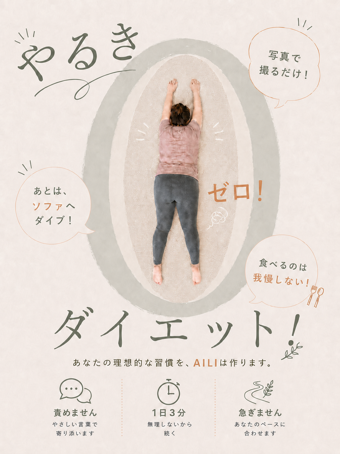 やるき0（ゼロ）ダイエット！ 写真で撮るだけ・あとはソファへダイブ・食べるのは我慢しない。責めません／1日3分／急ぎません。あなたの理想的な習慣を、AILIは作ります。